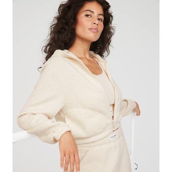 Offline by Aerie Womens Jacket XS Cream Cropped Zip Front Normcore Athleisure - Picture 1 of 16